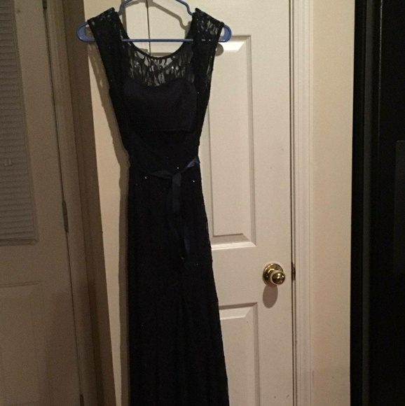 This is a dark navy blue sequined formal dress. - Picture 4 of 4